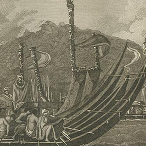 Antique Print of the Fleet of Proas of Tahiti by Cook, 1803, close-up 2
