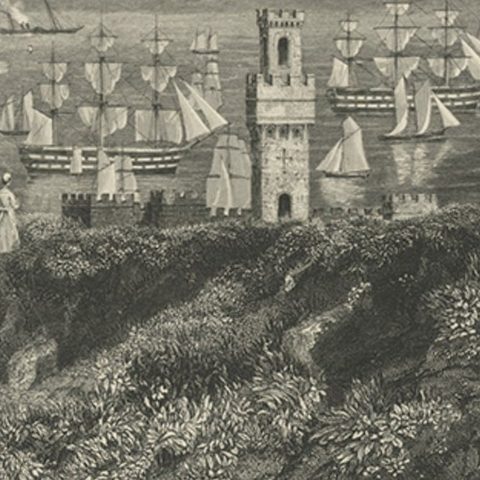 Old Decorative Maritime Print of Ships in an Harbour, Possibly England, C.1860, close-up 2