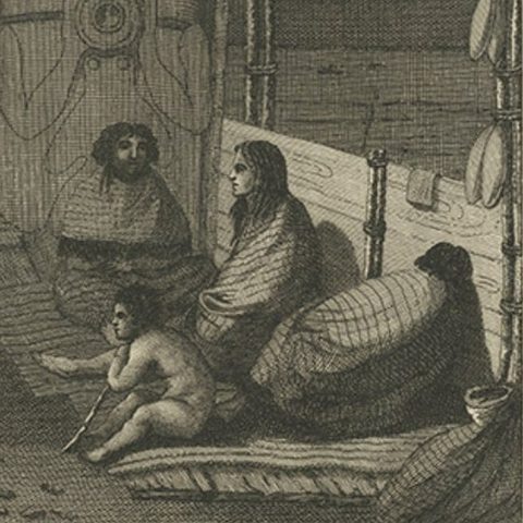 Interior of a Nootka House, Vancouver Island, Cook Voyage Engraving c.1795, close-up 1
