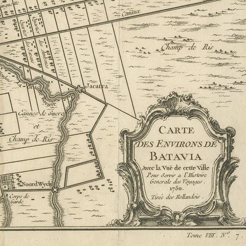 Old Engraving of Batavia 'Jakarta, Indonesia' with Map and Harbour View, 1750, close-up 1