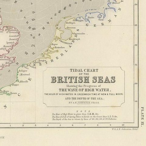 Antique Tidal Chart of the British Seas by Johnston, '1850', close-up 1