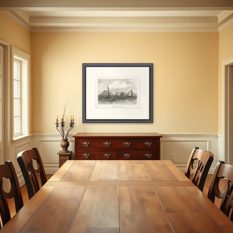 Quebec City Canada Harbor View, Antique Steel Engraving St. Lawrence River 1854, shown framed in a room
