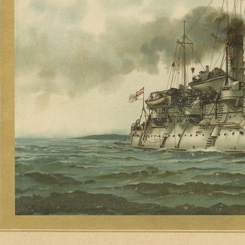 SMS Siegfried: Chromolithograph of a German Coastal Defense Ship from the 1890s, close-up 4