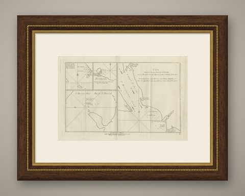 Antique Chart of York's Bay and Surroundings by Hawkesworth, 1774, shown framed