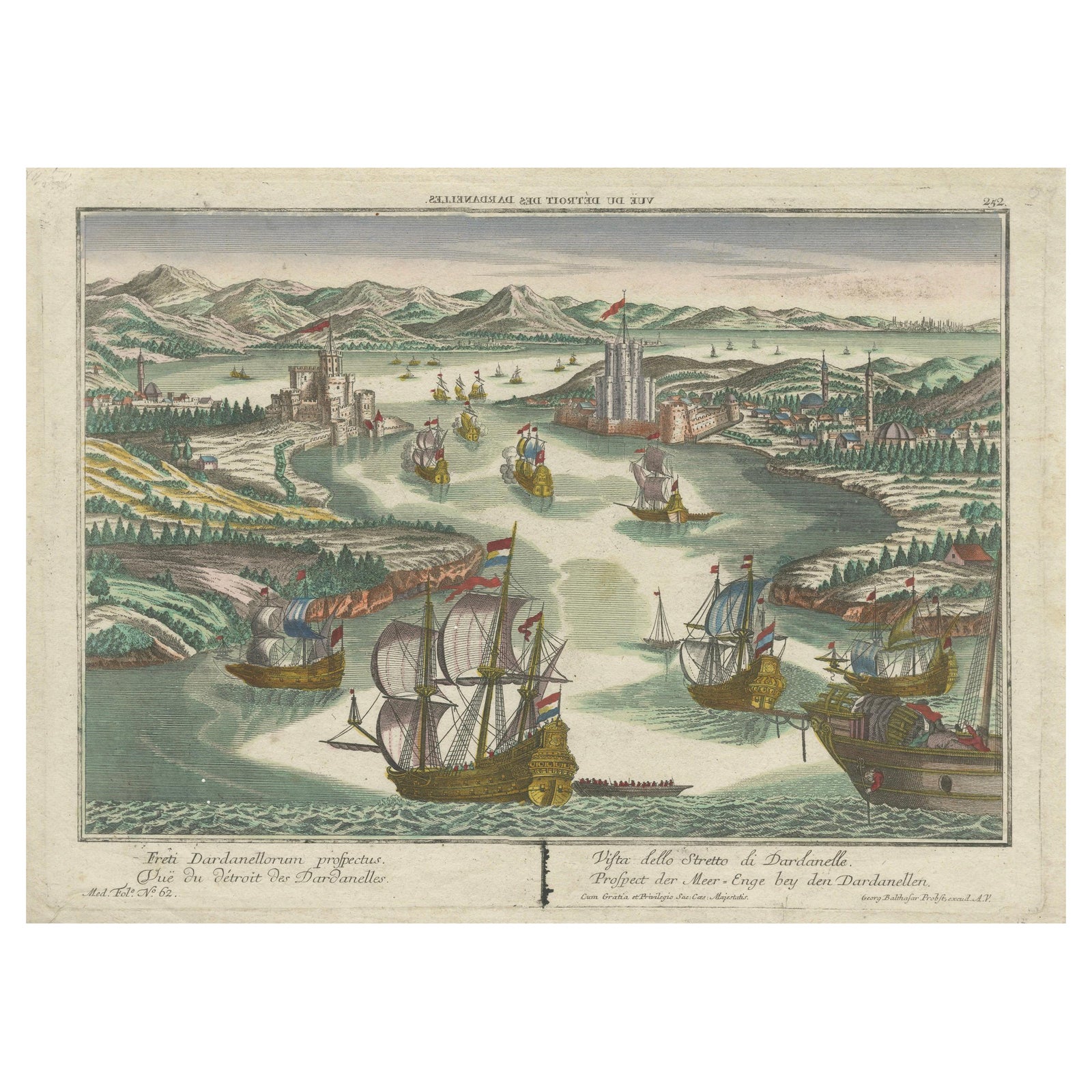 Dardanelles Strait, Ottoman Turkey, Probst Optical View with Ships, c.1770