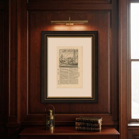 Old Print of Figures in a Boat Holding a Kris, Daggers and Ax in Asia, 1726, shown framed on a wall