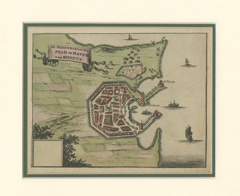 City and Harbour of Rhodes, Olfert Dapper, 1688 Hand-Coloured Engraving, close-up 5