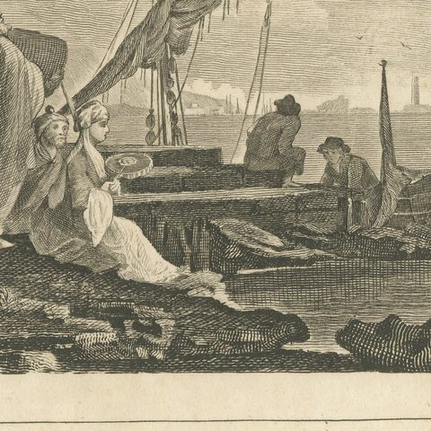 View in the Levant, Ottoman Harbour and Fortress, Antique Engraving, circa 1820, close-up 5