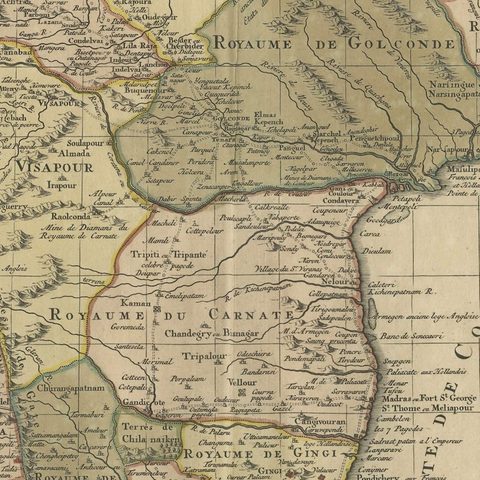 Detailed Decorative Antique Map of the Coast of Malabar and Coromandel, India, close-up 5