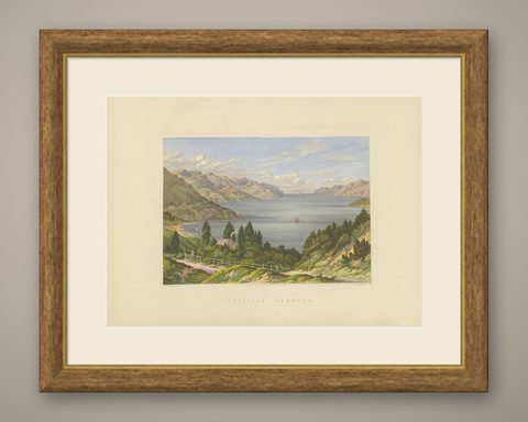 Antique Print of Lyttelton Harbour 'New Zealand' by Blatchley, circa 1877, shown framed