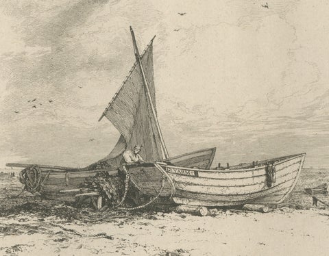 Antique Great Yarmouth Fishing Boats Maritime Etching by E.W. Cooke, 1828, close-up 3