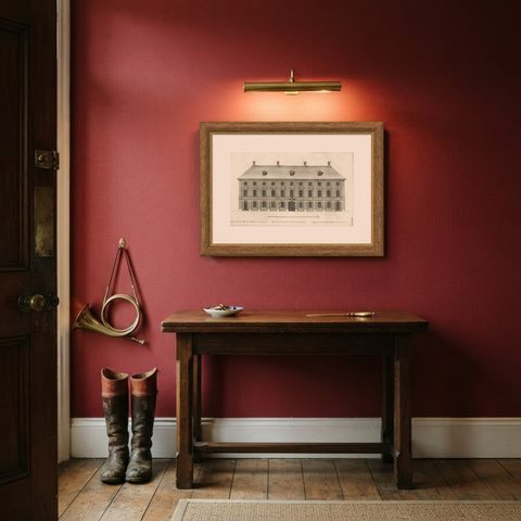 Antique Print of a Maritime Building in Copenhagen in Denmark, 1746, shown framed in a room