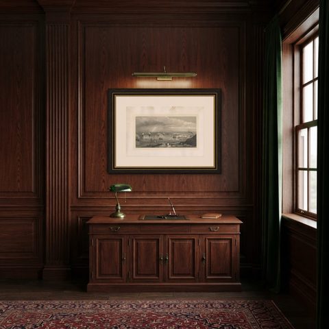 Antique Maritime Print by Prior, circa 1860, shown framed in a room