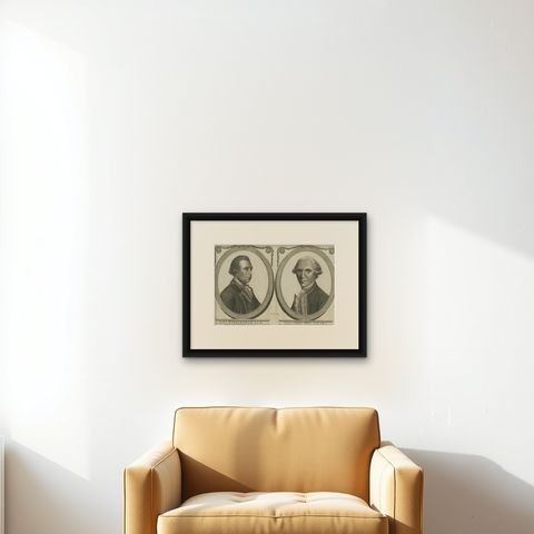 Engravings of Hawkesworth & Captain James King: Chroniclers of Capt. Cook, 1784, shown framed on a wall