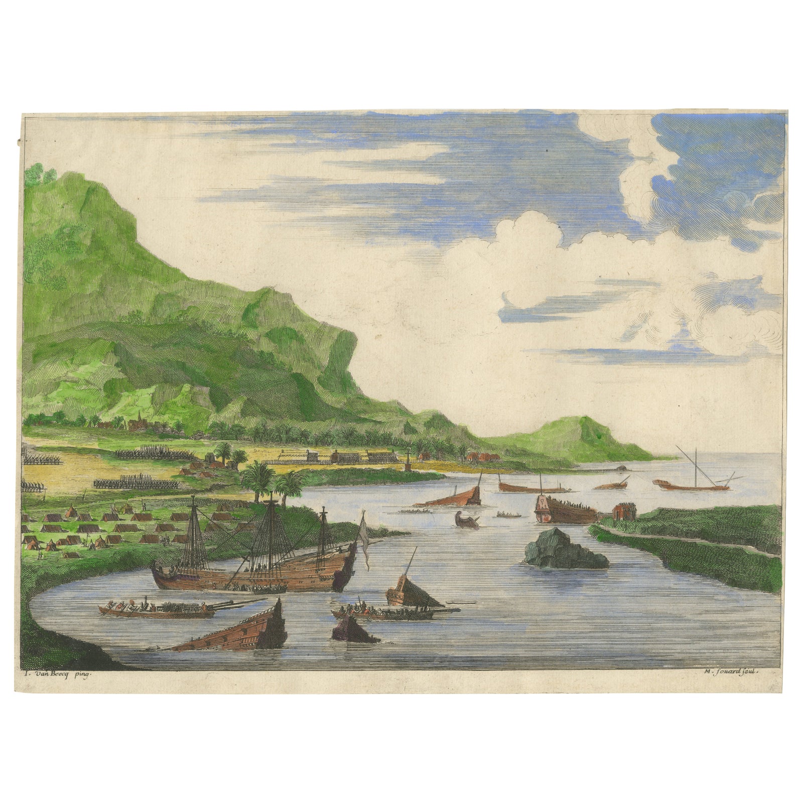 Cortés Scuttling Ships at Veracruz, Hand-Colored Engraving by Van Beecq, c.1690
