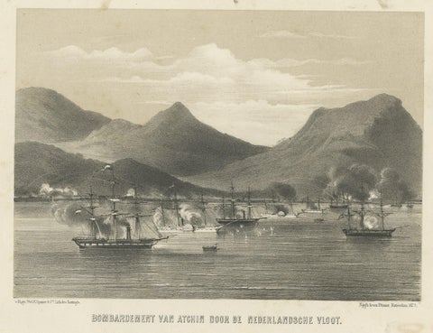 Old Military Scene of Dutch Ships Bombing Atchin in Sumatra, Indonesia, 1784, close-up 1