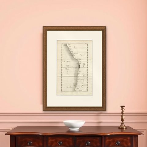 Antique Map of the Coast of Peru and Chile, Detailing Ports & Coastlines, c1760, shown framed on a wall