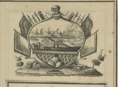 18th-Century German Engraving, Allegory of War, Poem & Naval View, close-up 2