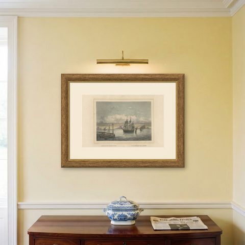Old Print of Ships near Anyer & Krakatoa in the Sunda Straits, Indonesia, 1844, shown framed on a wall