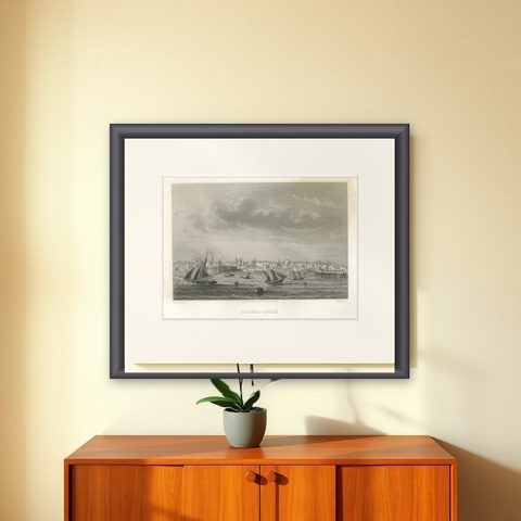 Antique Engraving of Buenos Aires, City and Harbor View, 1867, shown framed on a wall