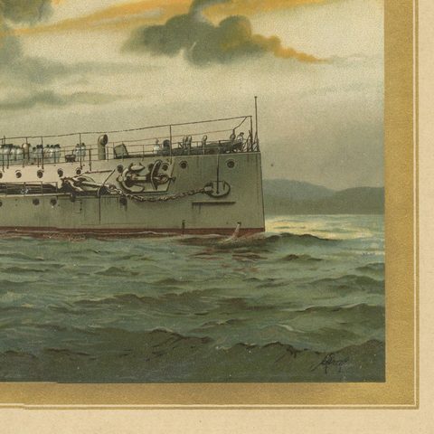 SMS Sachsen: Pioneering German Coastal Defense Ship, 1903 Chromolithograph, close-up 4