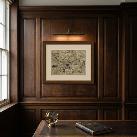 Old Decorative Map of the West African Coast & St. Thomae Island, c.1600, shown framed on a wall
