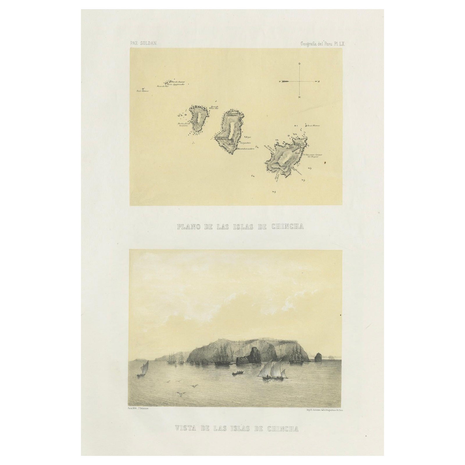 Chincha Islands Antique Lithograph 1865, Map & Coastal Scene, Peru