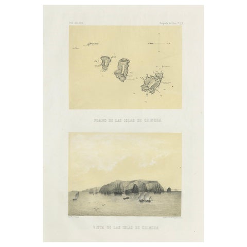 Chincha Islands Antique Lithograph 1865, Map & Coastal Scene, Peru