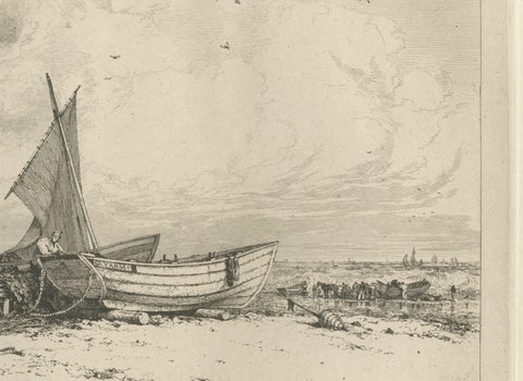 Antique Great Yarmouth Fishing Boats Maritime Etching by E.W. Cooke, 1828, close-up 2