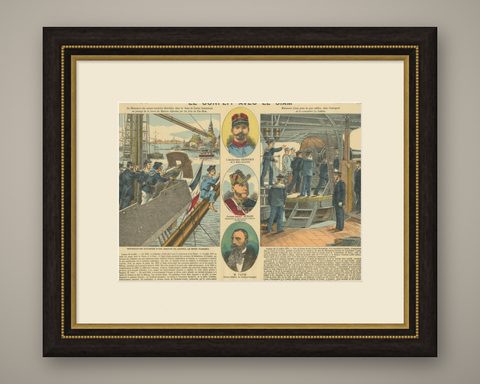 Conflict with Siam, a French Naval Action Scene, Épinal Colonial Print, 1893, shown framed