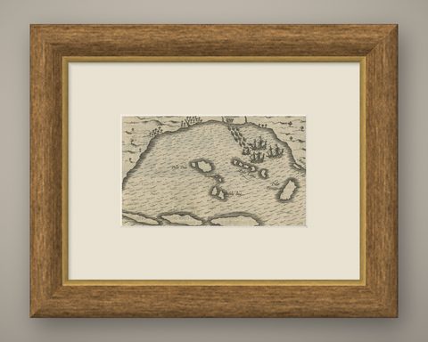 Small Map of Bantam with Dutch Ships and an Engraving of Portugese, 1614, shown framed