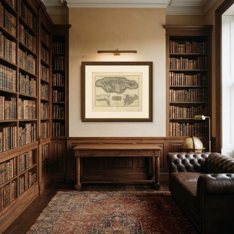 Jamaica Map by John Thomson, Kingston & Port Royal Harbors, c.1817, shown framed in a room
