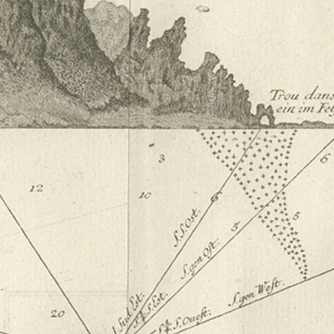 Old Print of the North-West Coast of Masafuero or Alejandro Selkirk Island, 1774, close-up 2