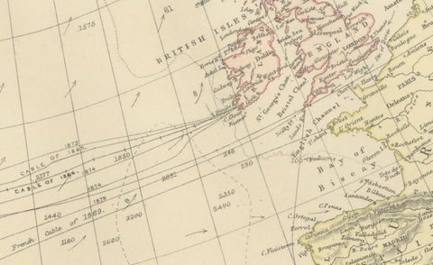 1882 Map of the North Atlantic Ocean Showing Cable Tracks and Trade Winds, close-up 3