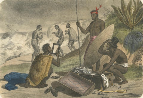 Shipwreck Scene in Melanesia, Islanders Salvaging Wreckage, c.1845, close-up 1